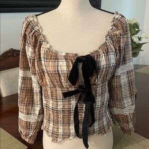 Urban Outfitters Brown Plaid Peasant Blouse with Black Velvet Tie